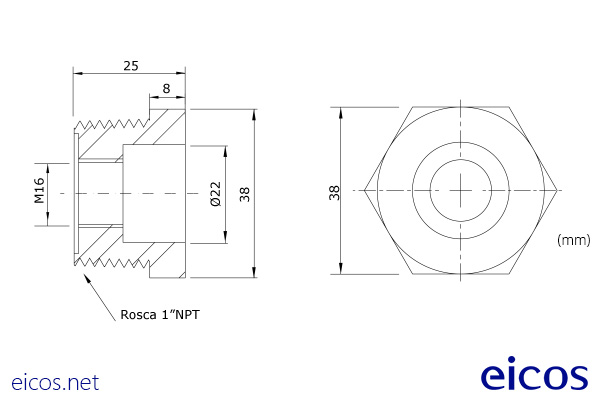 Dimensions of 1"NPT polyphthalamide connection for mounting of level switches